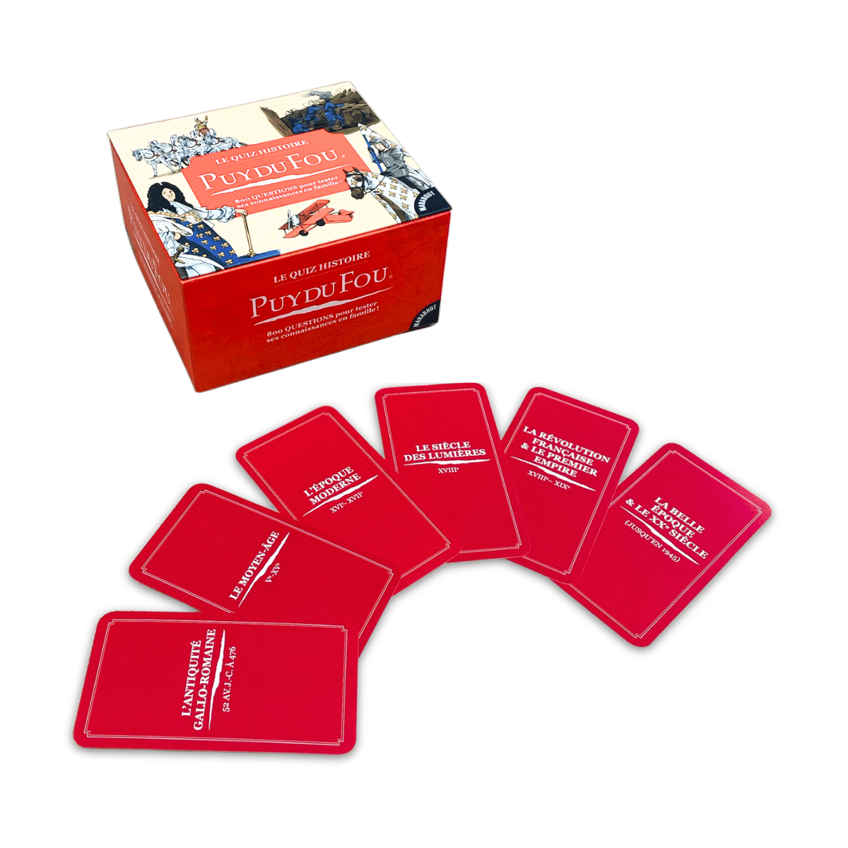 Boite et dos des cartes du grand quiz Puy du Fou