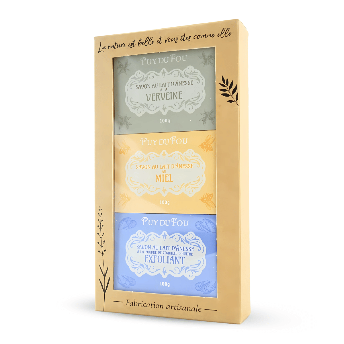 Coffret 3 savons au lait d'ânesse - coffret de face 3/4