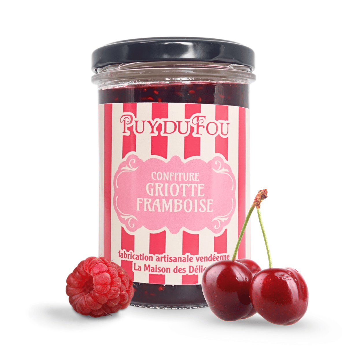 Confiture Griotte Framboise - image de face avec cerises er framboise
