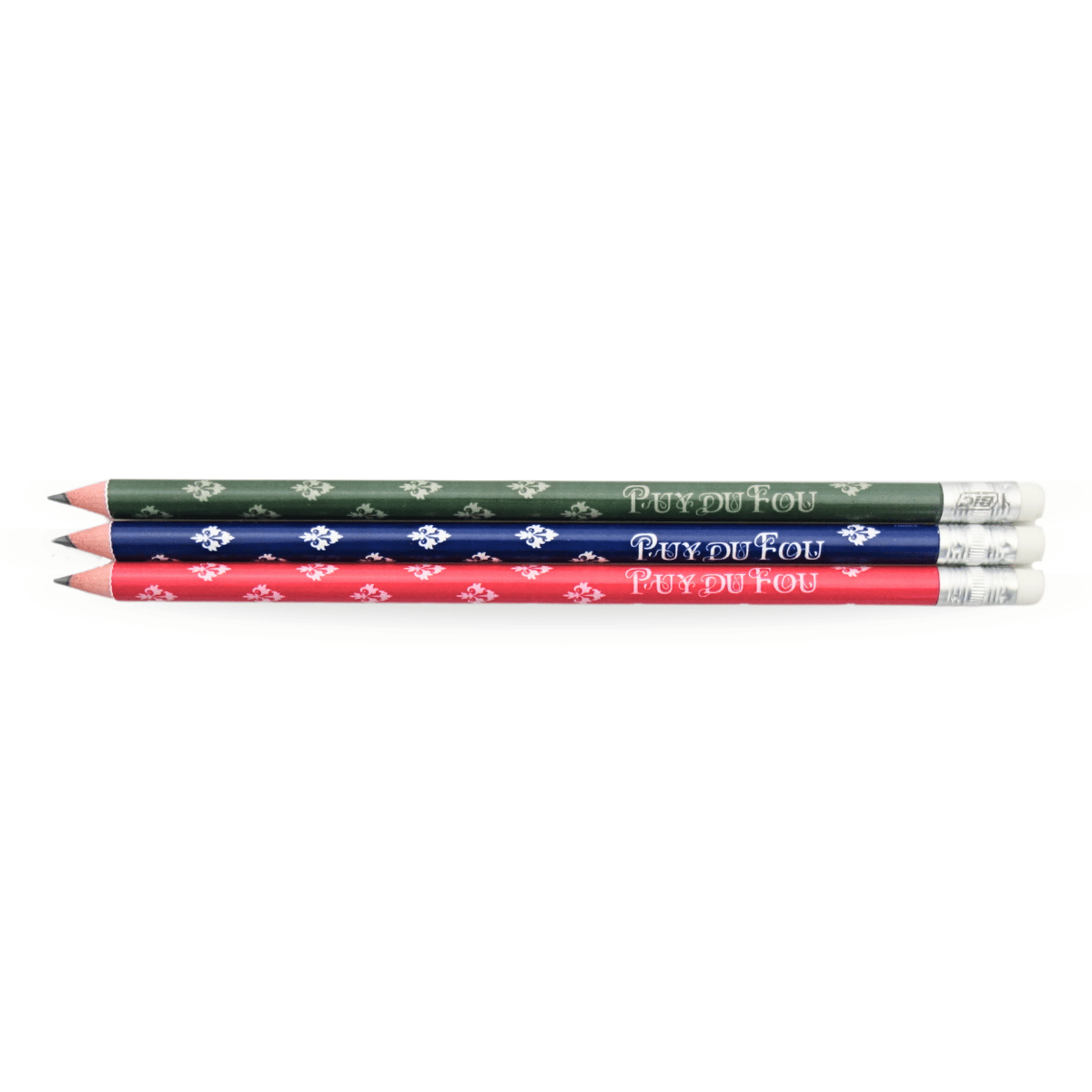 Crayons de bois Puy du Fou 1900 vert, bleu et rose