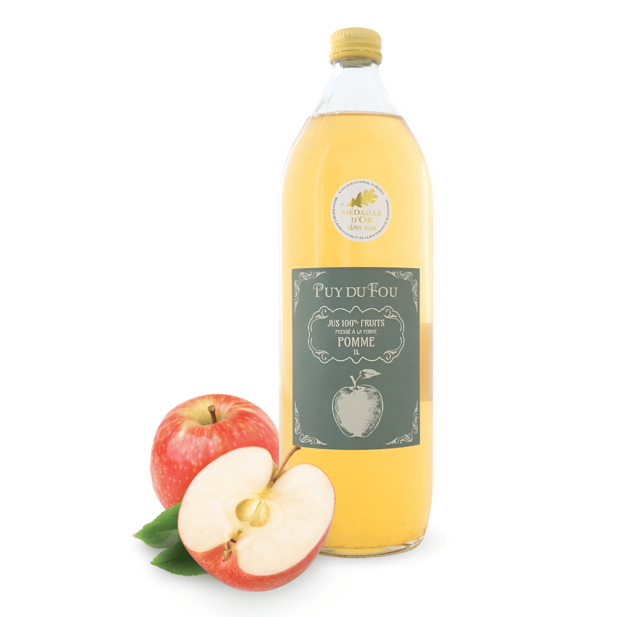 Jus de pomme médaille d'or Paris 2025 - bouteille de face avec fruit