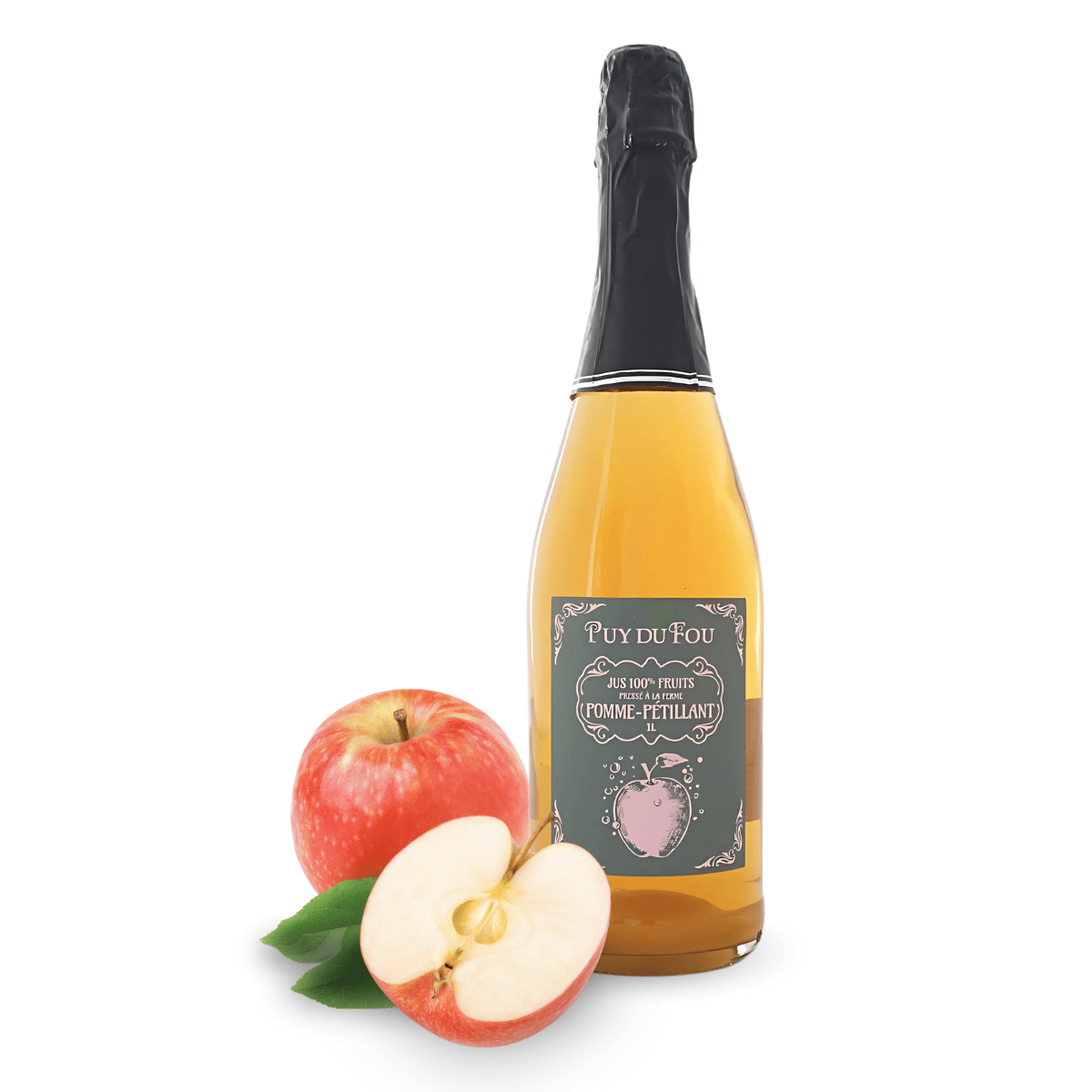 Jus de pomme pétillant - bouteille de face avec fruit