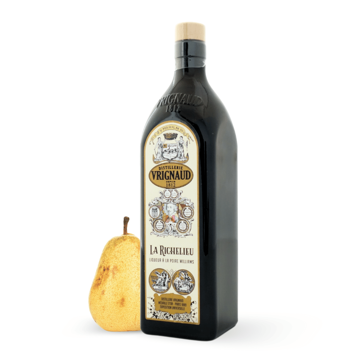 La Richelieu, liqueur à la poire Williams - bouteille de biais avec poire