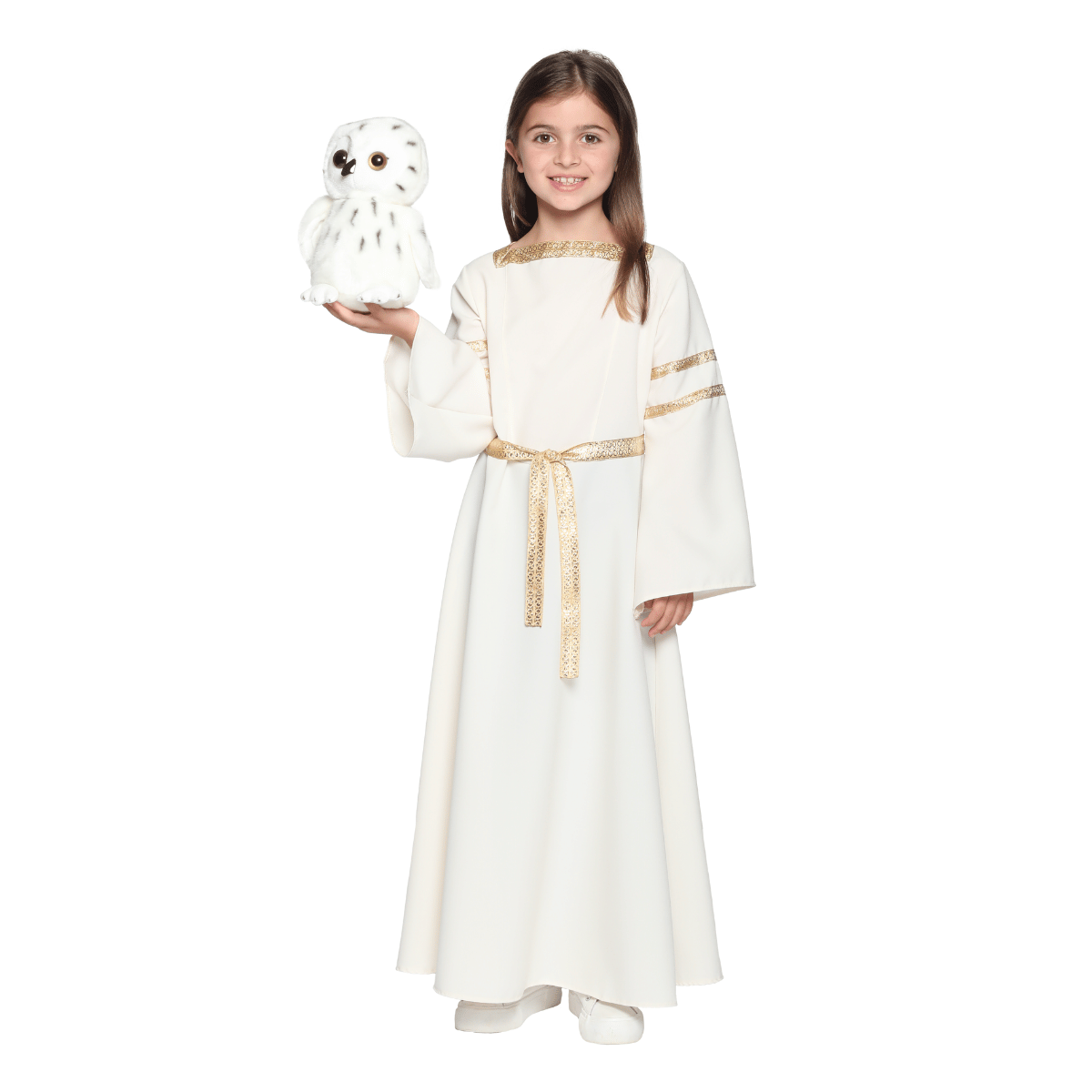 Robe déguisement Aliénior portée avec peluche chouette harfang