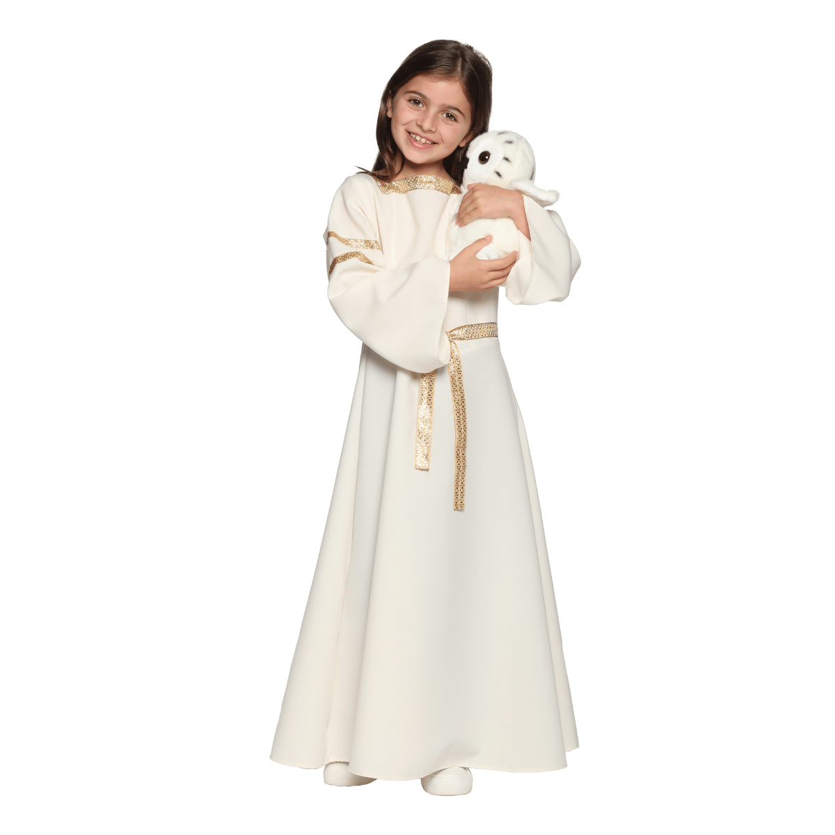 Robe déguisement Aliénior portée avec peluche chouette harfang 2