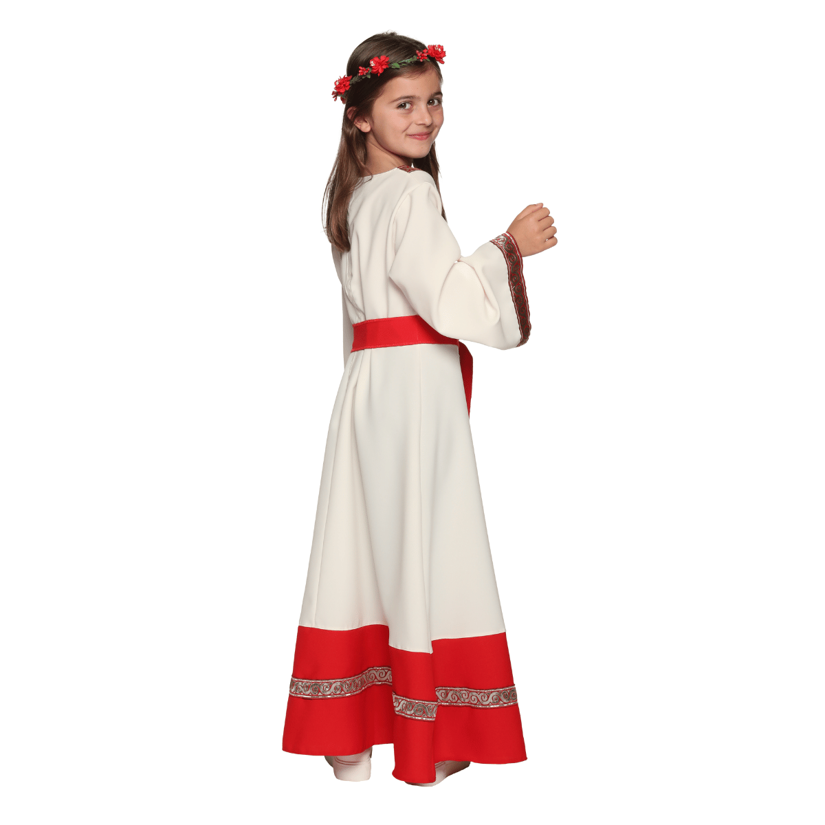Robe déguisement Sybèle portée avec couronne de fleur rouge - de dos