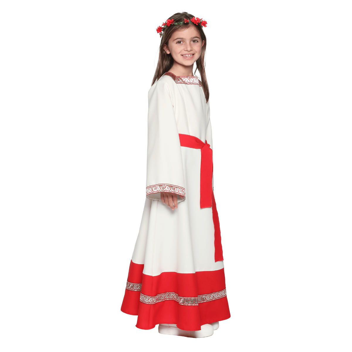 Robe déguisement Sybèle portée avec couronne de fleur rouge - de profil