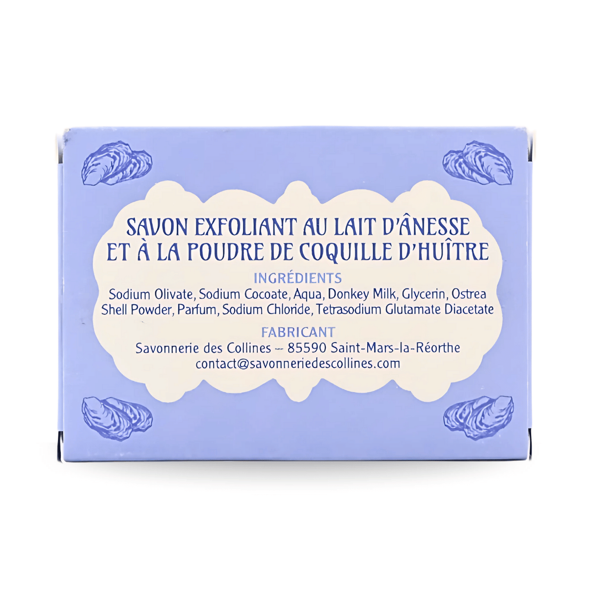 Savon exfoliant au lait d'ânesse et la poudre de coquille d'huître - boite de dos