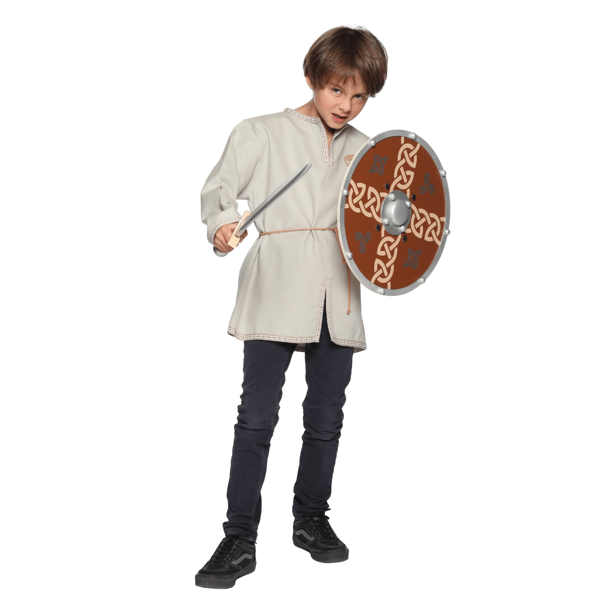 Tunique déguisement viking - portée de face avec accessoires (épée + bouclier)