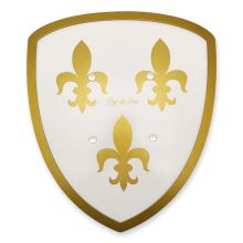 Bouclier décoré inspiré de Jeanne d'Arc, du spectacle "Le Secret de la Lance", en bois, avec motifs historiques, boutique officielle du Puy du Fou.