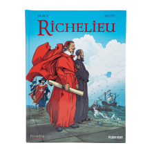 Couverture de la bande dessinée Richelieu avec des mousquetaires en action, style graphique dynamique et coloré, boutique officielle du Puy du Fou.