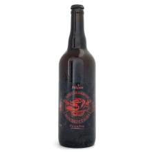Bouteille de bière framboise Mousquetaire 75cl Puy du Fou, étiquette avec chapeau et masque de mousquetaire
