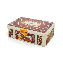 Boîte métal collector biscuits caramel Puy du Fou, illustration "Maman fait du Caramel" sur fond marron et crème