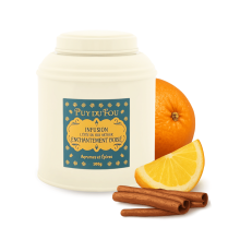 Boîte d'infusion agrumes et épices L'Epée du Roi Arthur - orange, citron et cannelle posés à côté de la boîte