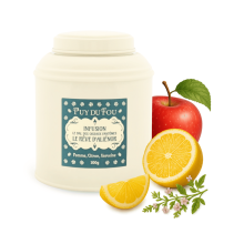 Boîte d'infusion pomme, citron et verveine Le Bal des Oiseaux Fantômes - pomme, citron et branche de verveine posés à côté de la boîte