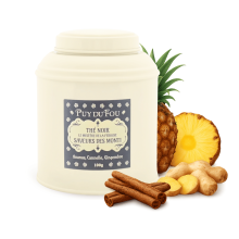Boîte de thé noir ananas, cannelle et gingembre Le Mystère de La Pérouse - ananas, gingembre et cannelle posés à côté de la boîte
