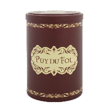 Boîte cylindrique marron et beige Puy du Fou avec couvercle, motifs rétro début XXe siècle