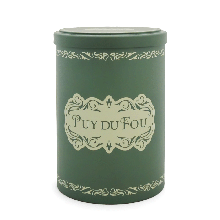 Boîte cylindrique verte et beige Puy du Fou avec couvercle, motifs rétro début XXe siècle