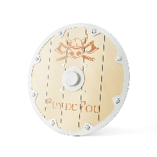 Bouclier casque viking en bois Puy du Fou, vue de face légèrement de biais avec rivets argentés