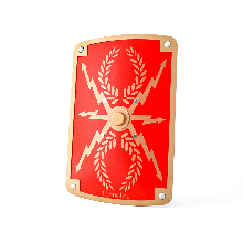 Bouclier en bois romain Puy du Fou vue d'angle montrant la forme et les détails décoratifs inspirés du spectacle Le Signe du Triomphe