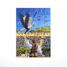 Puzzle reconstitué du Bal des Oiseaux Fantômes : grand condor noir et blanc en vol au-dessus du fauconnier et des rapaces dans le ciel bleu