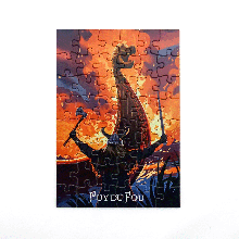 Puzzle assemblé Les Vikings montrant un drakkar noir avec guerrier brandissant une hache sur fond de ciel orange et violet flamboyant, logo Puy du Fou