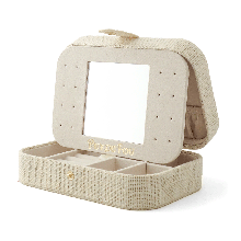 Grande boîte à bijoux lin Puy du Fou coloris beige ouverte – miroir amovible et intérieur velours