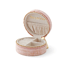 Petite boîte à bijoux lin Puy du Fou coloris rose ouverte – vue du dessus, compartiments velours et logo doré embossé
