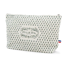Pochette Puy du Fou 1900 motif fleurs de lys vert sur fond blanc, vue de côté, étiquette tricolore
