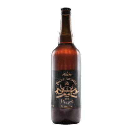 Bouteille de bière ambrée Viking de 75 cl, étiquette ornée de motifs vikings, sur fond blanc, boutique officielle du Puy du Fou.