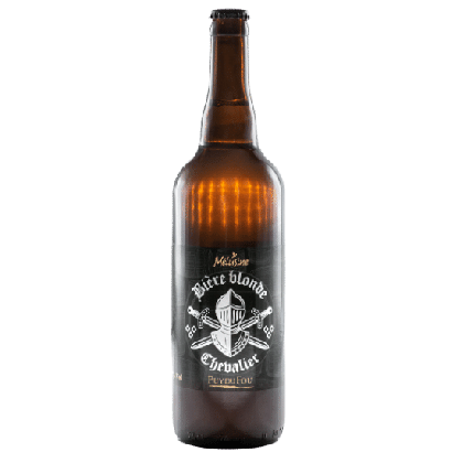 Bouteille de bière blonde Chevalier 75cl, étiquette ornée d'un emblème de chevalier et du texte descriptif, boutique officielle du Puy du Fou.