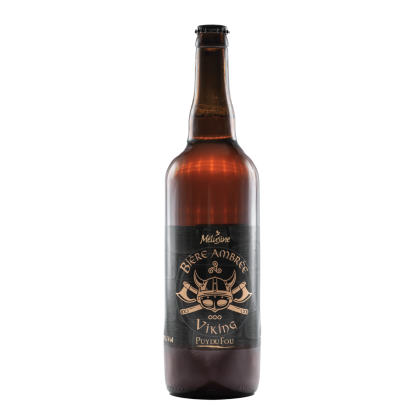 Bouteille de bière ambrée Viking de 75 cl, étiquette ornée de motifs vikings, sur fond blanc, boutique officielle du Puy du Fou.