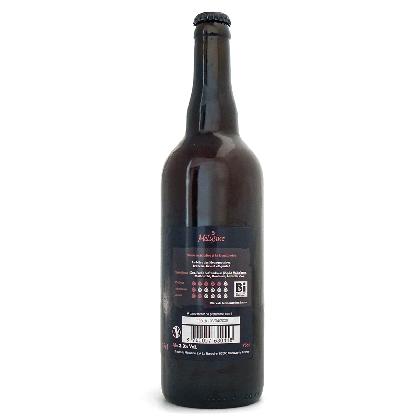 Contre-étiquette bière framboise Mousquetaire 75cl, ingrédients et taux d'alcool 3,9% vol.