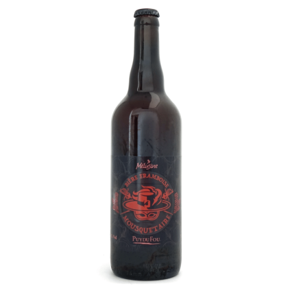 Bouteille de bière framboise Mousquetaire 75cl Puy du Fou, étiquette avec chapeau et masque de mousquetaire