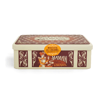Boîte métal marron Puy du Fou 250g biscuits au caramel, face principale 