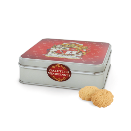 Boîte de galettes vendéennes Armoiries Blason - de biais avec biscuits sorti