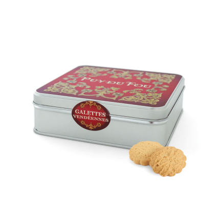 Boîte de galettes vendéennes Armoiries Ornements - de biais avec biscuits sorti