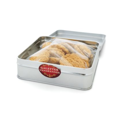 Boîte de galettes vendéennes Armoiries Ornements - boîte ouverte avec sachet de galettes