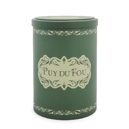 Boîte cylindrique verte et beige Puy du Fou avec couvercle, motifs rétro début XXe siècle