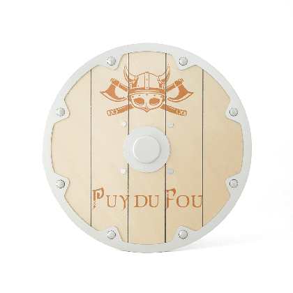 Bouclier viking en bois Puy du Fou, vue frontale avec emblème casque et logo