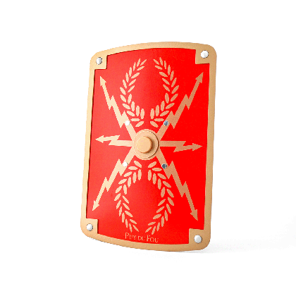 Bouclier en bois romain Puy du Fou vue d'angle montrant la forme et les détails décoratifs inspirés du spectacle Le Signe du Triomphe