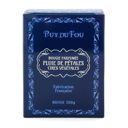 Boîte bougie parfumée Pluie de Pétales Puy du Fou – design Belle Époque bleu marine – cires végétales 200g fabrication française