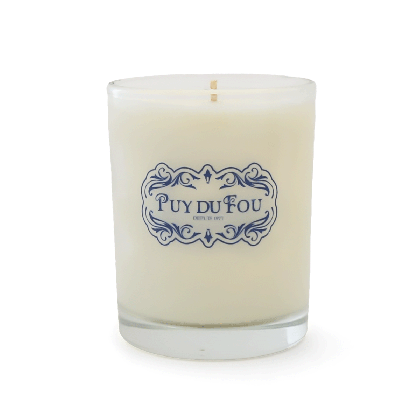 Bougie parfumée Puy du Fou Pluie de Pétales – verre blanc avec logo Puy du Fou Depuis 1977 – cires végétales