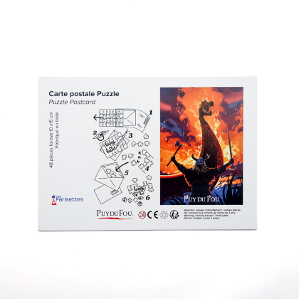 Instructions carte postale puzzle les Vikings illustrées en 6 étapes à gauche et image du drakkar en flammes à droite