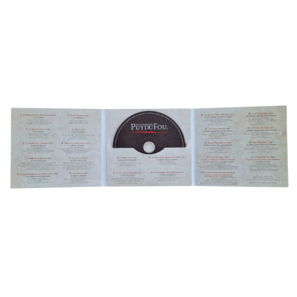 Intérieur du CD Les musiques du Puy du Fou édition 2022, avec des éléments graphiques colorés, boutique officielle du Puy du Fou.