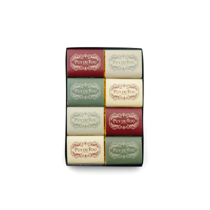Vue de dessus coffret 8 minis chocolats Puy du Fou tablettes emballées