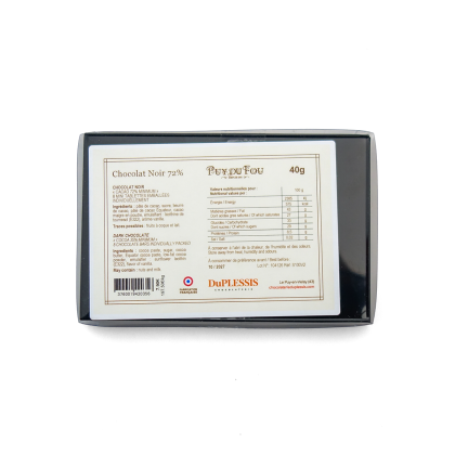 Dos du coffret chocolat noir 72% Puy du Fou avec étiquette comprenant ingrédients et valeurs nutritionnelles