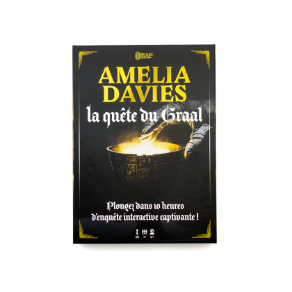 Face avant du coffret jeu de société Amelia Davies la quête du Graal 10h d'enquête - Puy du Fou
