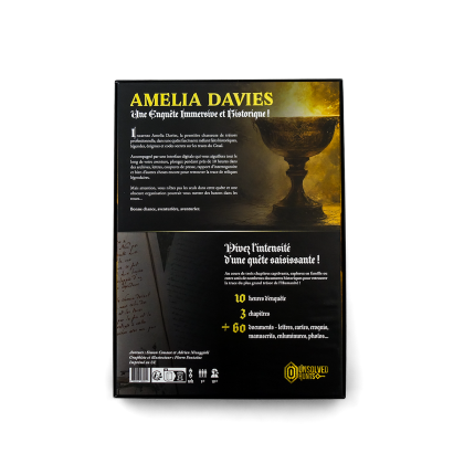 Dos du coffret jeu Amelia Davies la quête du Graal avec descriptif de l'enquête interactive