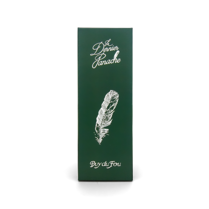 Boîte coffret plume et fiole Le Dernier Panache Puy du Fou, écrin vert avec illustration plume et signature cursive Puy du Fou